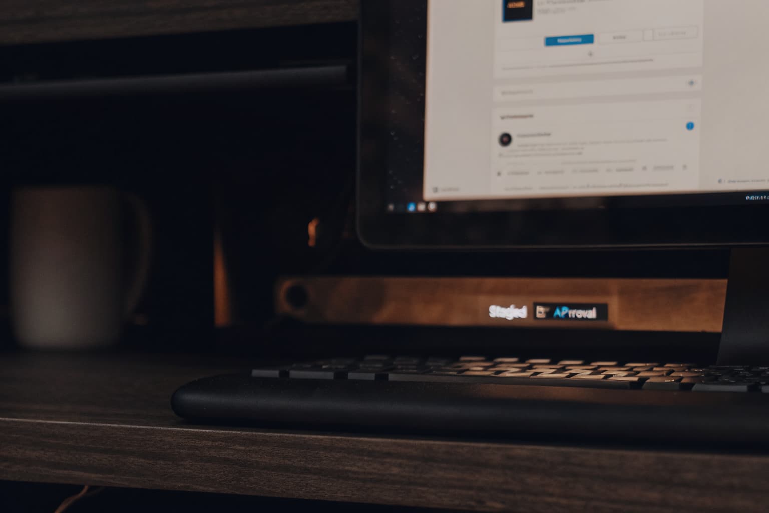 Product screenshot alongside a social media post mockup staged for approval